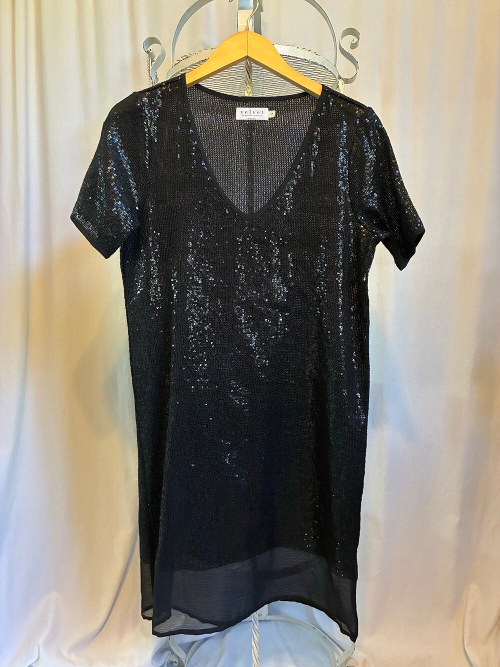 Velvet by Graham & Spencer Dress Cocktail Black Sequins Contrast Sheer Hem Small